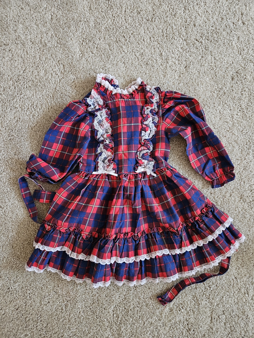 Vintage Winnie The Pooh Tag Red and Navy Plaid Ruffle Dress with Lace